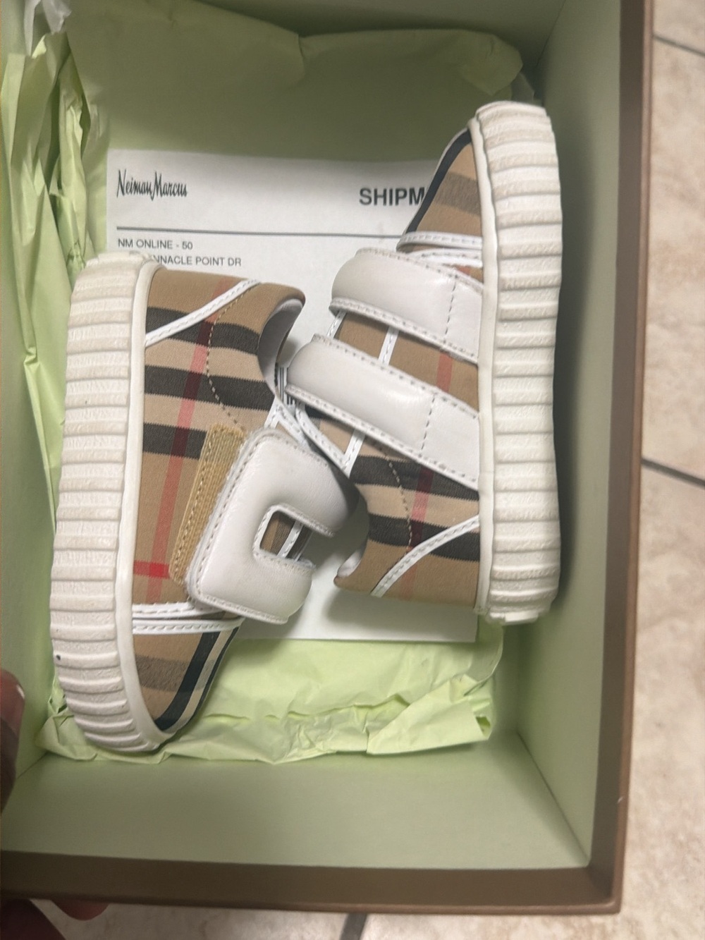 Burberry Kids Tan Check Velcro Sneakers with White Straps